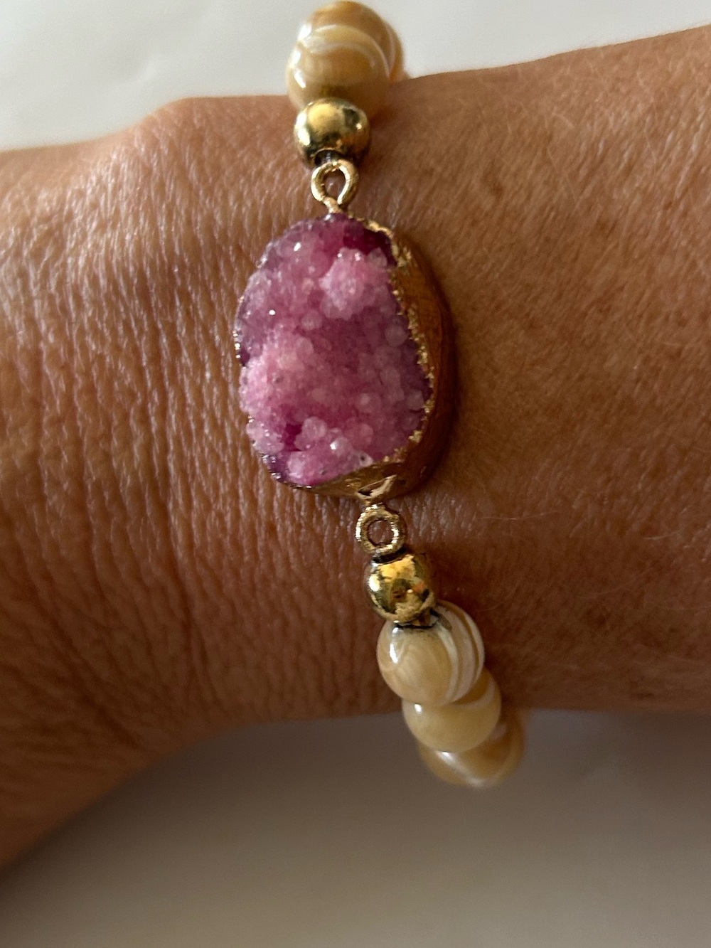 Pink Druzy Beaded Bracelet - Gold Accents